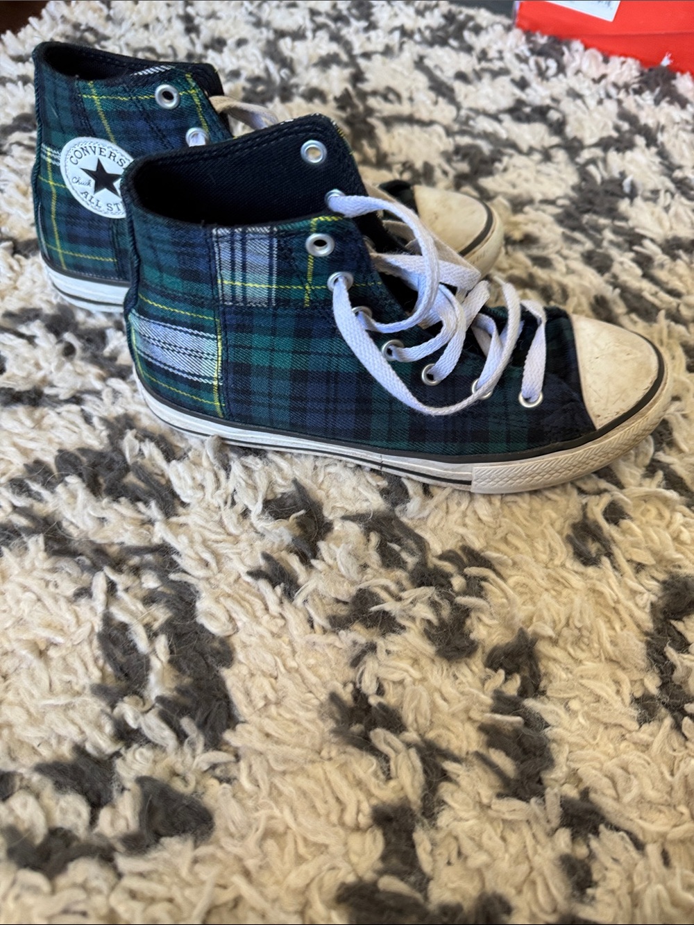 Converse High Top Plaid Sneakers - Green/Black with White Laces, Boys 3 - Picture 3 of 7